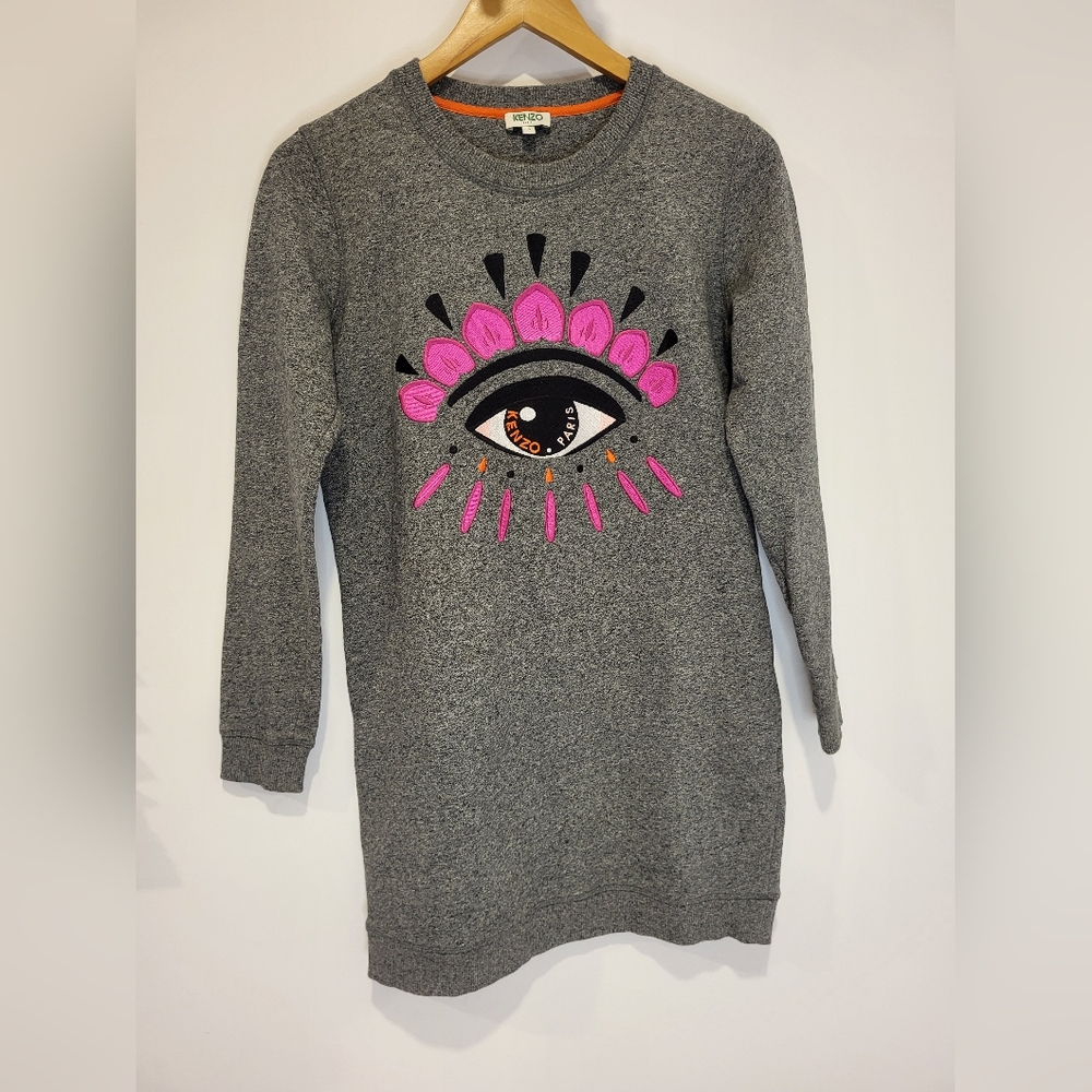 Kenzo Gray Eye Embroidered Sweatshirt Dress